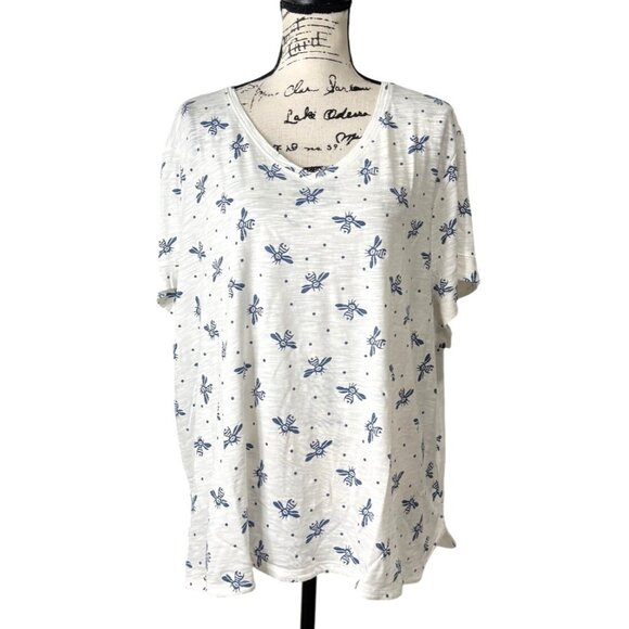 Coldwater Creek Bee Print Top Short Sleeve River Blue White Womens Size 3X NEW - Picture 1 of 9